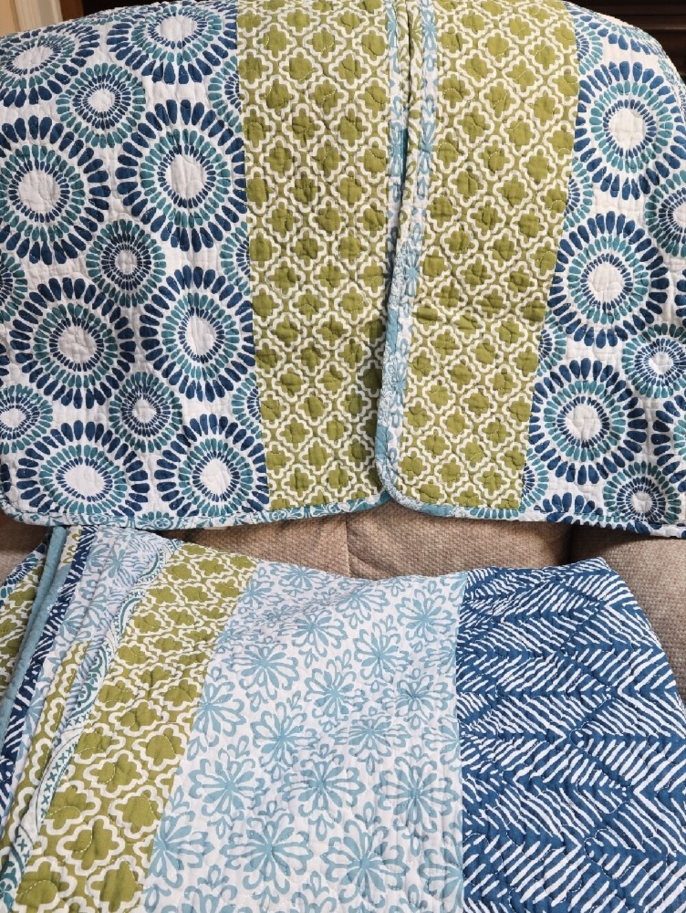 Blue and Green Quilted Bedspread - Floral & Geometric Design-King - Picture 2 of 4